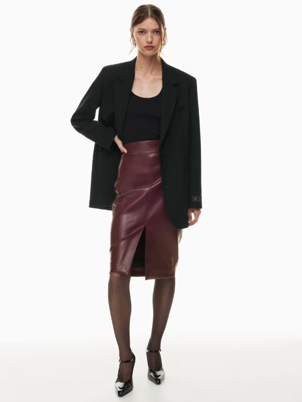 Babaton | Aritzia Pegu Vegan Leather Pencil Skirt Midi Rich Maroon | Size 4